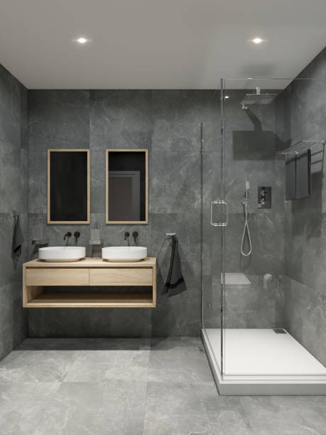 3d rendering of modern gray tiled bathroom design with two sinks. Interior design bathroom illustration project