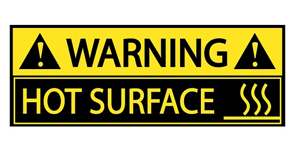 Warning, hot surface. Hazard sign with text, symbols of heat and alert triangle . Horizontal shape, yellow and black.