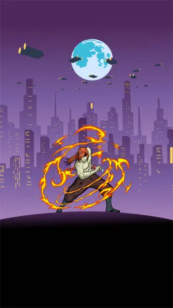 Vector illustration of Vector Anime Style Samurai with Flame Power Effect in Cyberpunk City Setting Stock Illustration