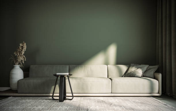 istock Green sofa and empty green wall background. Modern interior design of living room. 1492552143