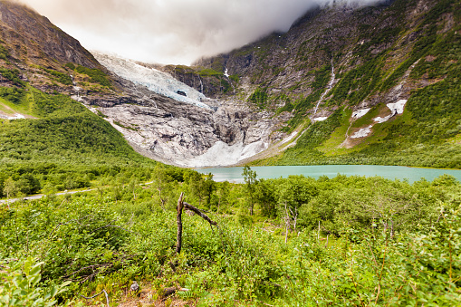 Norwegian mountains landscape. Boyabreen Glacier in Fjaerland area of Sogndal Municipality. Jostedalsbreen National Park, Norway.