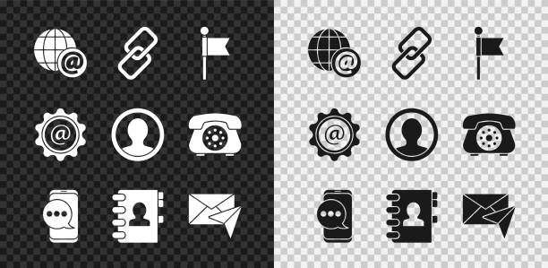 メール、チェーンリンク、ロケーションマーカー、チャットメッセージ通知電話、アドレス帳、封筒、メール、電子メールで地球儀を設定し、アカウント作成画面アイコンを設定します。ベ� - e mail address book symbol computer icon点のイラスト素材／クリップアート素材／マンガ素材／アイコン素材