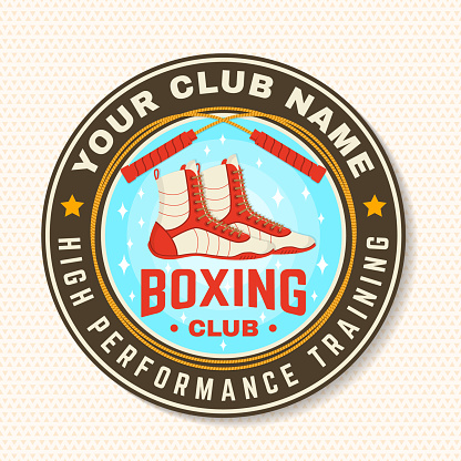Boxing club badge, patch design. Vector illustration. For Boxing sport club emblem, sign, shirt, template. Vintage retro patch, label, sticker with with boxing jump rope and boxing shoes silhouette
