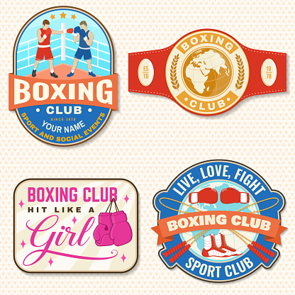 Set of Boxing club badge,  patch design. Vector. For Boxing sport club emblem, sign, shirt, template. Vintage retro patch, label, sticker with jump rope, boxing gloves and boxing shoes silhouette