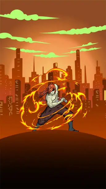 Vector illustration of Vector Anime Style Samurai with Flame Power Effect in Cyberpunk City Setting Stock Illustration