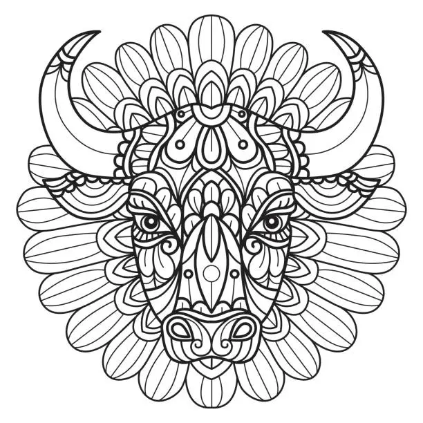 Vector illustration of Red bull and flowers hand drawn for adult coloring book