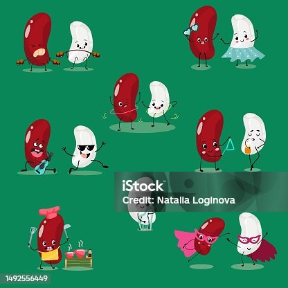 istock Vector set of illustrations, collection with red and white beans, legumes, funny characters. Funny and healthy food. Vitamins, cute face food, ingredients, vegetarian, vector cartoons. 1492556449