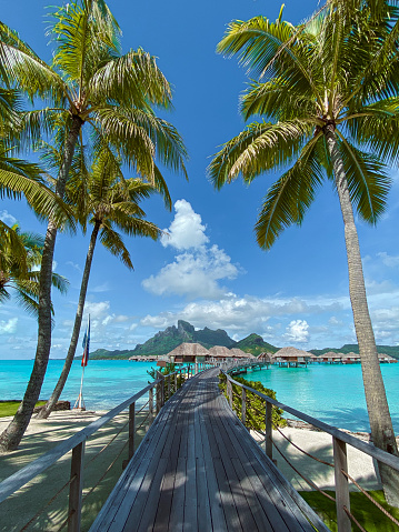 View of the Mount Otemanu through turquoise lagoon, palm trees and overwater bungalows on Bora Bora island, Tahiti, French Polynesia, South Pacific