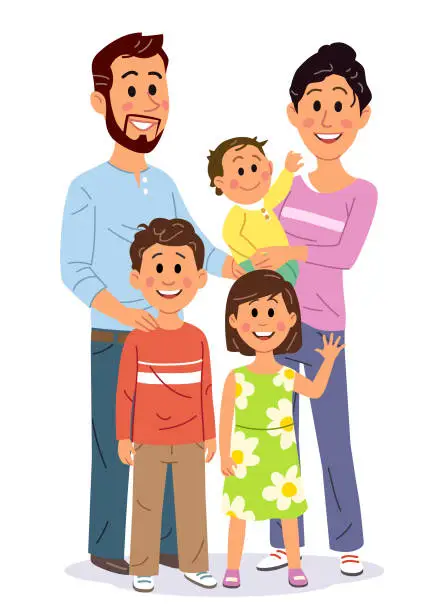 Vector illustration of Young Family With Three Kids