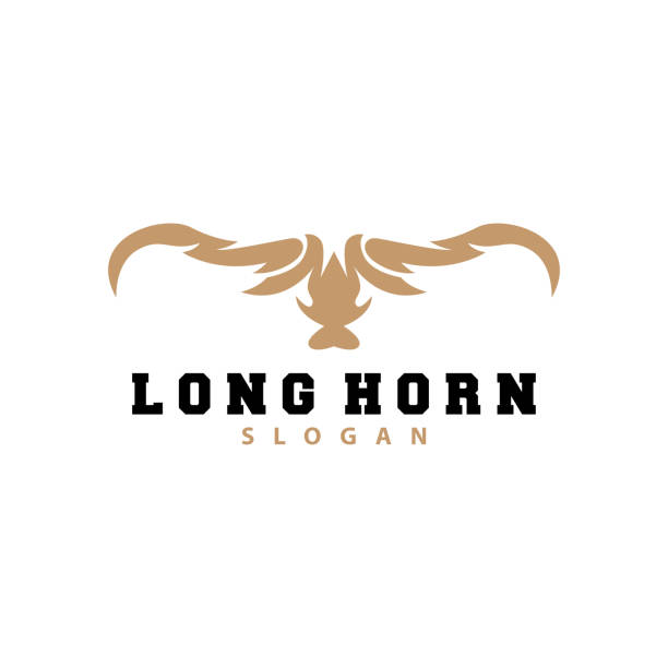 logo long horn, livestock bull animal vector, retro vintage design, silhouette icon, template brand - texas longhorn cattle horned bull long stock illustrations