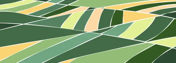 Vector illustration of Abstract agriculture field or farm card banner background. Vineyard valley pattern, countryside landscape, eco horizontal panorama template. Nature backdrop, organic green webpage header layout design