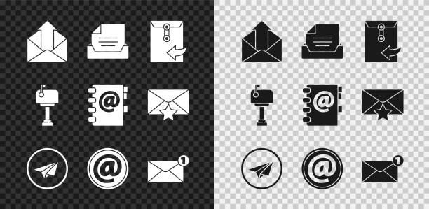 送信メール、ドキュメント付きドロワー、封筒、紙飛行機、メールと電子メール、ボックス、アドレス帳アイコンを設定します。ベクトル - e mail address book symbol computer icon点のイラスト素材／クリップアート素材／マンガ素材／アイコン素材