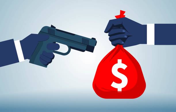Robbery, violent criminal act, bandit or robber, robbing money bags liability limits with a pistol in hand Robbery, violent criminal act, bandit or robber, robbing money bags with a gun in hand Intentional And Criminal Acts stock illustrations