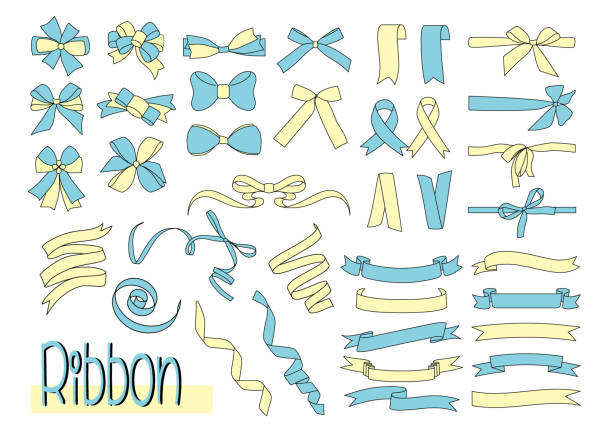 Illustration set of simple ribbon and ribbon frame, line drawing, vector, colorful Illustration set of simple ribbon and ribbon frame, line drawing, vector, colorful hair bow stock illustrations