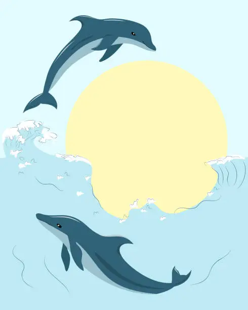 Vector illustration of Vertical card with dolphins and empty space for text