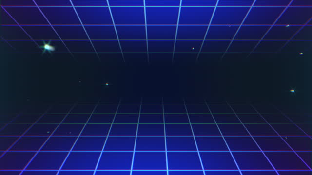 Neon blue grid pattern with sparkles in dark galaxy in 80s style