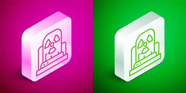 Vector illustration of Isometric line Radioactive warning lamp icon isolated on pink and green background. Silver square button. Vector