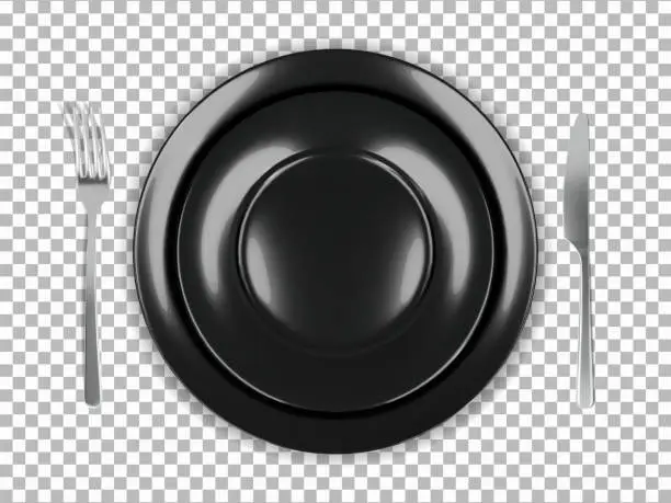Vector illustration of Two black round empty plates top view with fork and knife