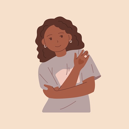Black young girl hugs herself and smiles. Care, humanity, selfhelp and peace concept. Flat vector illustration.