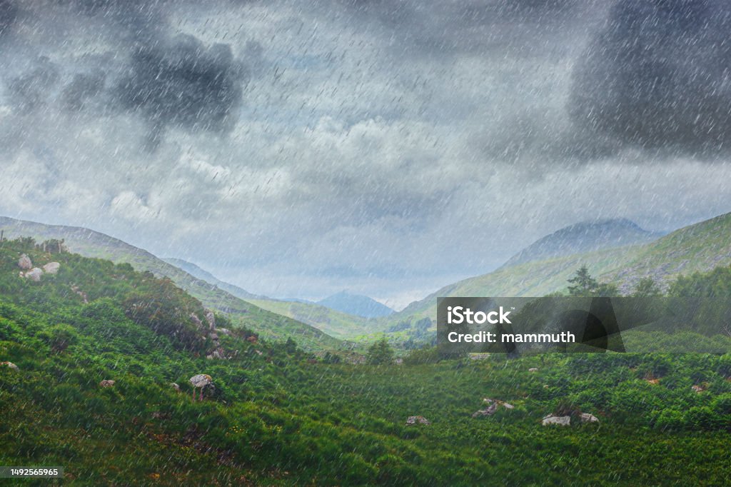 Rain in Ireland Irish landscape during heavy rain Atmospheric Mood Stock Photo