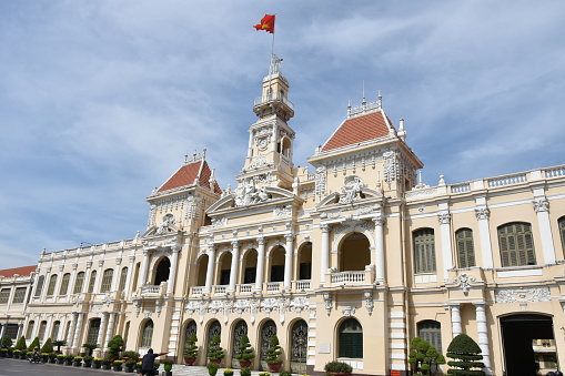 Ho Chi Minh City, Vietnam - October 10th, 2021: Architecture outside Saigon Central Post Office after the period of social distancing from the global pandemic Covid in Ho Chi Minh city, Vietnam.