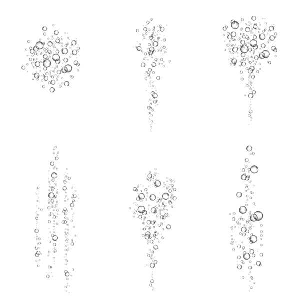 Oxygen air bubbles flow in water on white background. Oxygen air bubbles flow in water on white background. Fizzy sparkles in sea, aquarium. Soda pop. Champagne. Effervescent tablet. Undersea vector texture. foam material stock illustrations