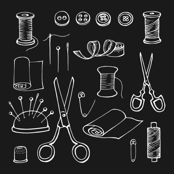 ilustrações de stock, clip art, desenhos animados e ícones de hand drawn sewing tools. thread, needle, pins, scissors, buttons. vector illustration - pillow cushion embroidery homewares