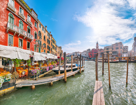 Picturesque morning cityscape of Venice with famous Canal Grande and colorful  view of Rialto Bridge. Location: Venice, Veneto region, Italy, Europe
