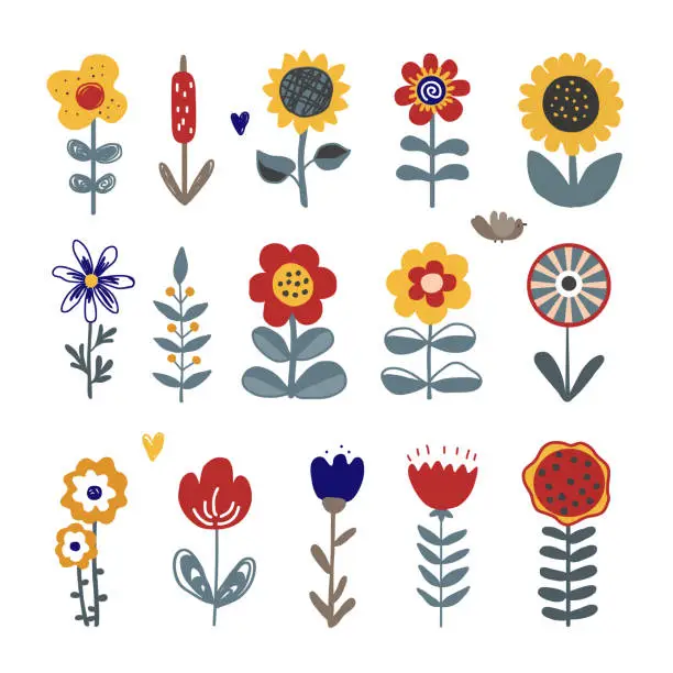 Vector illustration of Collection of cute flowers in folk Scandinavian style, isolated vector illustration. Adorable design elements for craft products packaging, children goods and cards.
