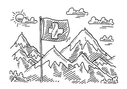 Hand-drawn vector drawing of a Swiss Flag And an Alps Landscape. Black-and-White sketch on a transparent background (.eps-file). Included files are EPS (v10) and Hi-Res JPG.