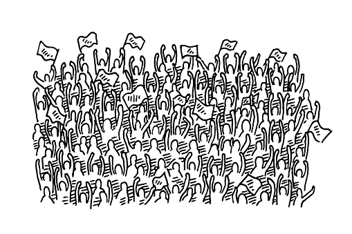 Hand-drawn vector drawing of a Crowd Of Cheering Fans. Black-and-White sketch on a transparent background (.eps-file). Included files are EPS (v10) and Hi-Res JPG.