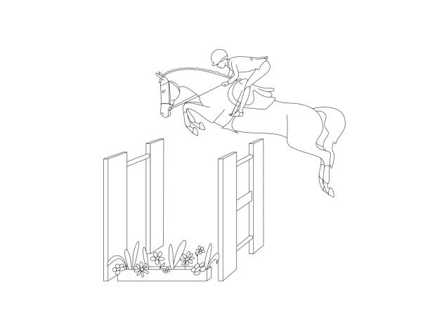 pferdesport, springreiten, ein athlet auf einem pferd springt über ein hohes hindernis, eine lineare skizze für malbuch - horse show jumping jumping performance stock-grafiken, -clipart, -cartoons und -symbole