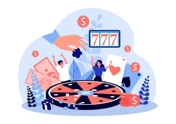 ilustrações de stock, clip art, desenhos animados e ícones de happy gamblers with huge roulette and coins vector illustration - gamblers