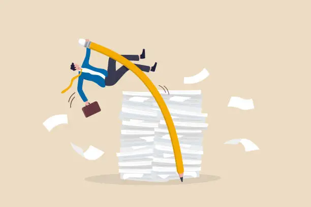 Vector illustration of Efficiency or productivity to finish work, manage busy workload or paperwork, project documents or overcome exhausted or challenge concept, businessman jump pole vault over busy document paper.