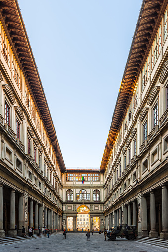 Florence, Italy, October 2021 - Piazzale degli Uffizi square early in the morning