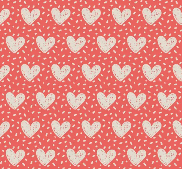 Vector illustration of Seamless patterns with white textured hearts and dots on red background. Hand draw.
