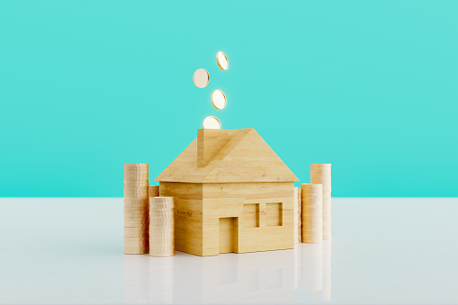 3D rendered image of house with stack of coins