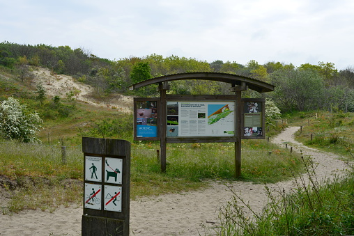 De Haan aan Zee, West-Flanders, Belgium - May 21, 2023: the dune forests of De Haan sub-area of ​​Klemskerke. Only for walkers. No cycling, no horse riding and keep dogs on a leash