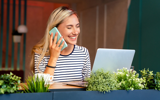 Freelancer young happy woman working on laptop. People education business study happy lifesytle concept