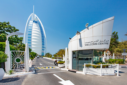 Dubai, UAE  april 10, 2023: Burj Al Arab Hotel at day, car entrance, security room