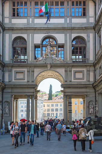 Florence, Italy-July, 2018: Portal at the Uffizi Gallery in Florence