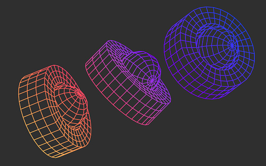3d wireframe shapes icons set, abstract geometric mesh polygon spheres with rings. Outline colorful grid y2k figures with gradient texture on black background. Retro futuristic style. 3D illustration
