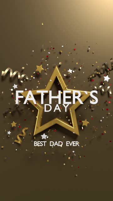 Vertical Fathers Day Best Dad Ever Title on Abstract Gold Colored Background with Star Confetti and Sparkles in 4K Resolution