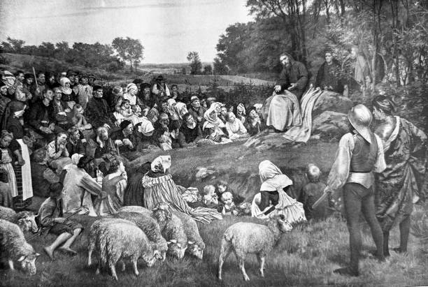 Jesus at the Sermon on the Mount Illustration from 19th century. new testament stock illustrations