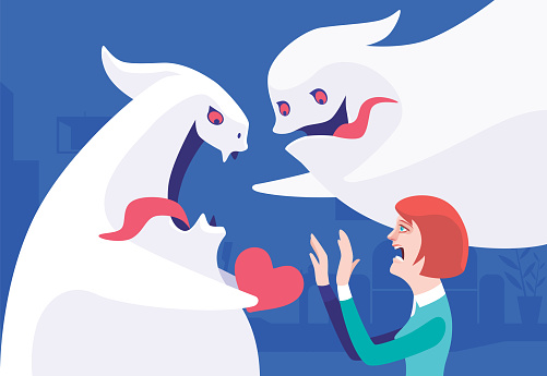 vector illustration of woman rejecting ghost with heart