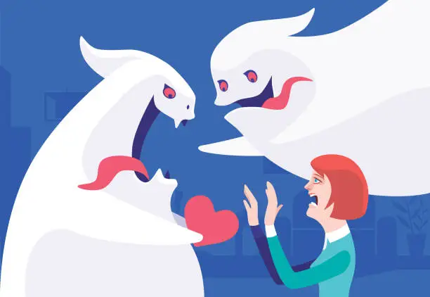 Vector illustration of woman rejecting ghost with heart