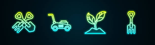istock Set line Shovel and rake, Lawn mower, Plant and Garden. Glowing neon icon. Vector 1492580251