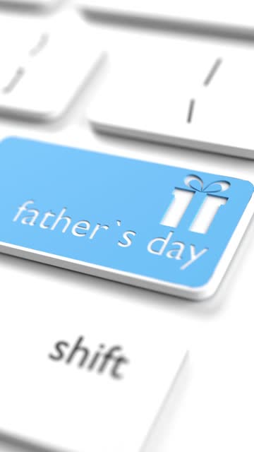 Vertical Father's Day Gift Box Icon and Text on a Blue Computer Keyboard Button in 4K Resolution