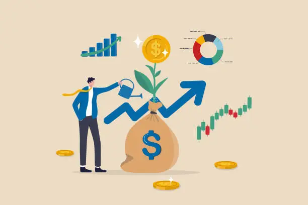 Vector illustration of Investment growth, growing money to earn profit from savings, increase wealth from stock market or trading, mutual fund or assets concept, businessman watering grow money with rising financial chart.