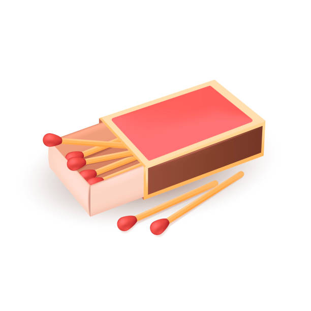 Matches in red box for bonfire 3D illustration Matches in red box for bonfire 3D illustration. Cartoon drawing of matchbox for making fire during picnic, camping or hiking trip in 3D style on white background. Camping, recreation concept matchbox stock illustrations